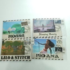 Lilo Stitch Moana Sleeping Beauty 4 Card Disney 100 Carnival Postcard Stamp Vary